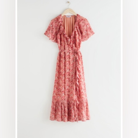 & Other Stories Pink Floral Ruffle Midi Dress Size 8 - Picture 2 of 13
